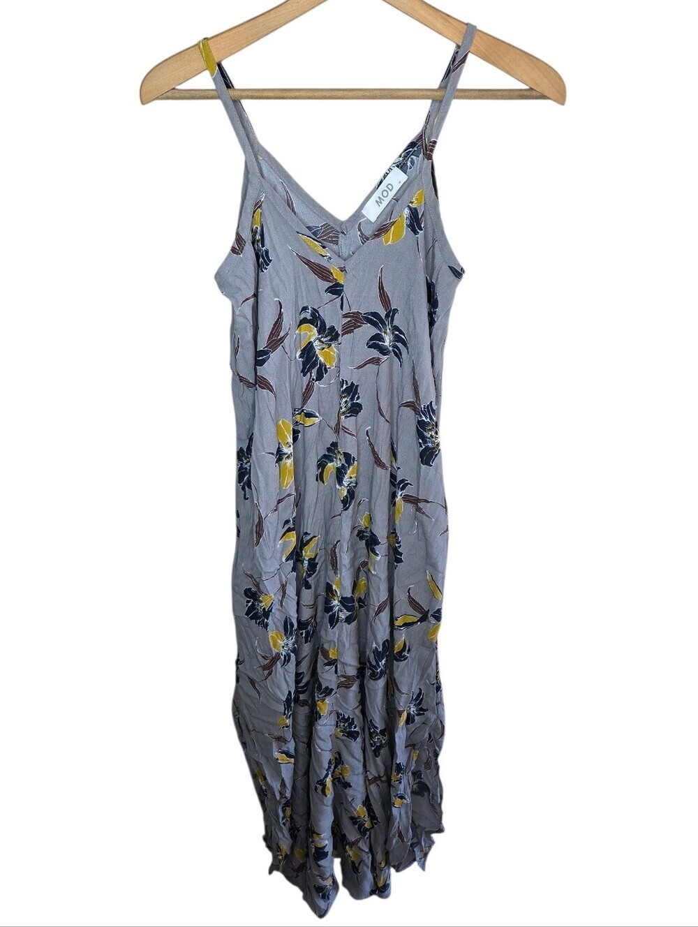Mod Gray Mustard Floral V-neck Maxi Dress Side Slits Size Medium Casual Summer